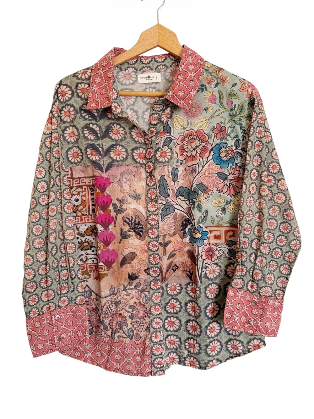 Natural Life Barcelona Patchwork Medallion Floral Cotton Button Down Shirt sz S